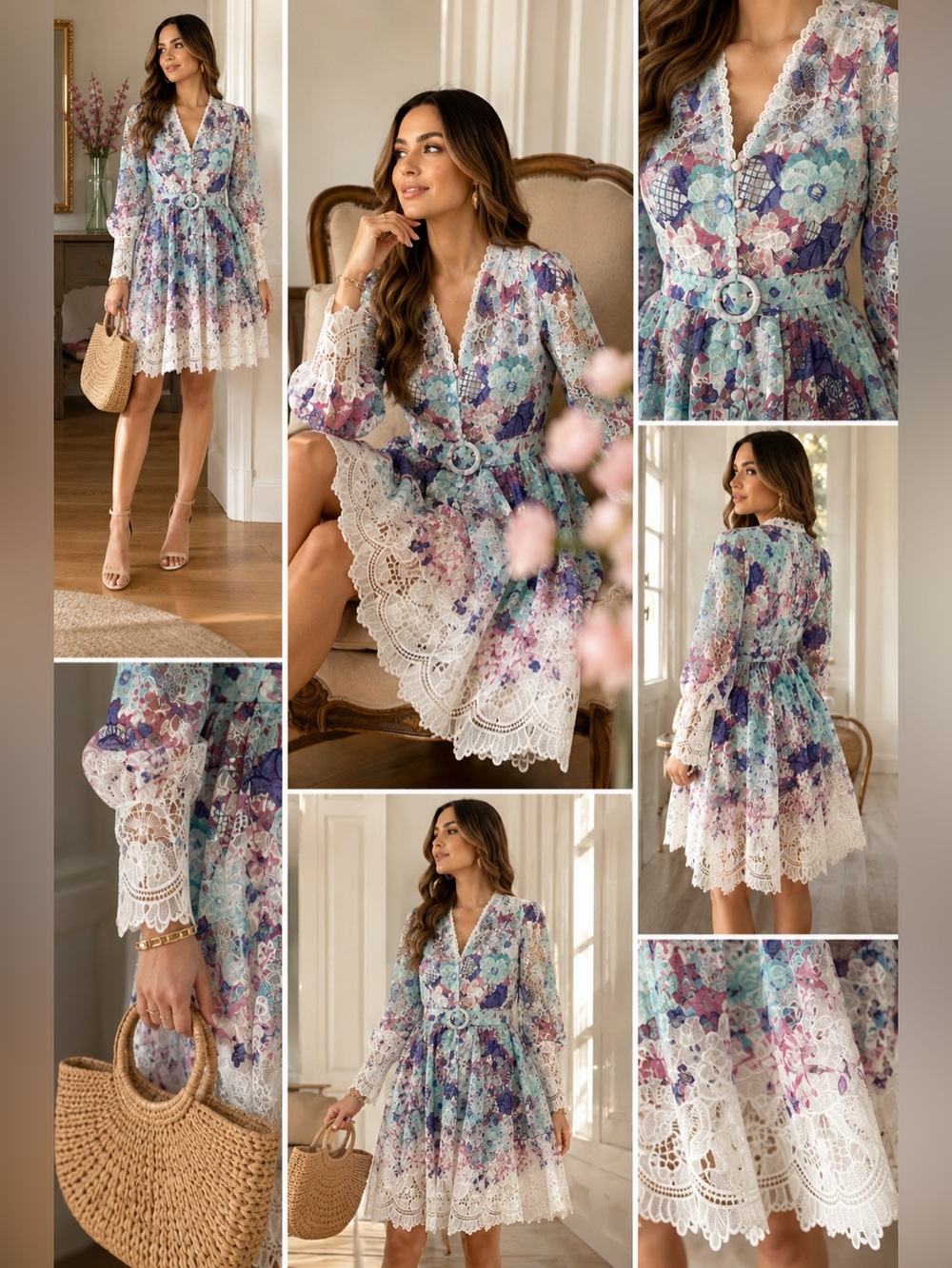 Floral Lace Midi Dress in Mint & Purple